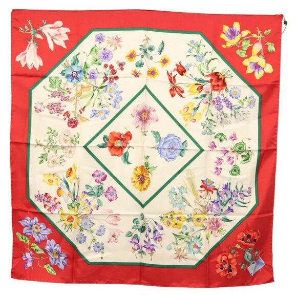 GUCCI Flora Scarf Silk White Red Auth SW892 - Picture 1 of 14